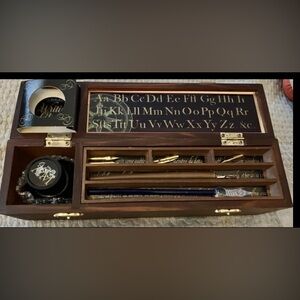 Traveller's Writing Chest Calligraphy Tools Wood Box, Ink + Glass Writing Pen NM